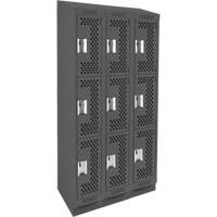Clean Line Lockers, 3 -tier, Bank of 3, 36" x 18" x 82", Steel, Charcoal, Rivet (Assembled), Perforated Cam Industrial