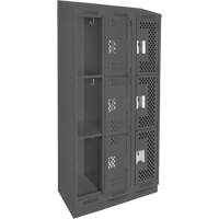 Clean Line Lockers, 3 -tier, Bank of 3, 36" x 18" x 82", Steel, Charcoal, Rivet (Assembled), Perforated Cam Industrial