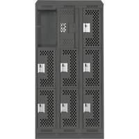 Clean Line Lockers, 3 -tier, Bank of 3, 36" x 18" x 82", Steel, Charcoal, Rivet (Assembled), Perforated Cam Industrial