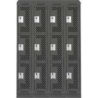 Clean Line Lockers, 3 -tier, Bank of 4, 48" x 18" x 82", Steel, Charcoal, Rivet (Assembled), Perforated Cam Industrial