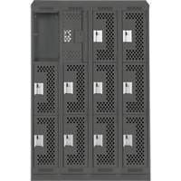 Clean Line Lockers, 3 -tier, Bank of 4, 48" x 18" x 82", Steel, Charcoal, Rivet (Assembled), Perforated Cam Industrial