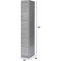 Lockers, 6 -tier, 12" x 18" x 72", Steel, Grey, Knocked Down Cam Industrial