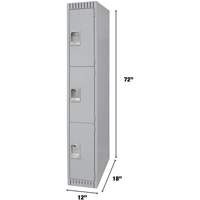 Lockers, 3 -tier, 12" x 18" x 72", Steel, Grey, Knocked Down Cam Industrial