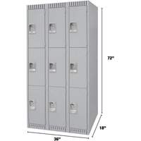 Lockers, 3 -tier, Bank of 3, 36" x 18" x 72", Steel, Grey, Knocked Down Cam Industrial