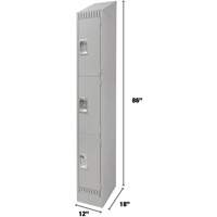 Lockers, 3 -tier, 12" x 18" x 86", Steel, Grey, Knocked Down Cam Industrial