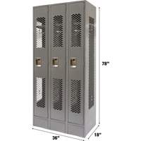 Vented Lockers, Bank of 3, 36 x 18" x 78", Steel, Grey, Knocked Down, Perforated Cam Industrial