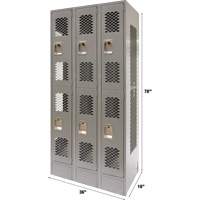 Vented Lockers, 2 -tier, Bank of 3, 36 x 18" x 78", Steel, Grey, Knocked Down, Perforated Cam Industrial
