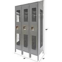 Vented Lockers, Bank of 3, 36 x 18" x 88", Steel, Grey, Knocked Down, Perforated Cam Industrial