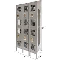 Vented Lockers, 2 -tier, Bank of 3, 36 x 18" x 88", Steel, Grey, Knocked Down, Perforated Cam Industrial