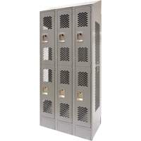 Vented Lockers, 2 -tier, Bank of 3, 36 x 18" x 88", Steel, Grey, Knocked Down, Perforated Cam Industrial