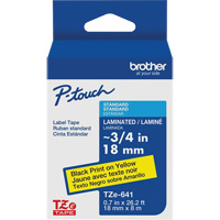 Tape Cartridge for P-touch&reg; Labeling System, 18 mm x 8 m, Black on Yellow Cam Industrial