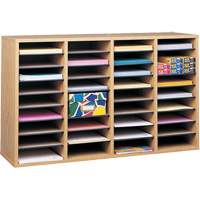 Adjustable Compartment Literature Organizer, Stationary, 36 Slots, Wood, 39-1/4" W x 11-3/4" D x 24" H Cam Industrial