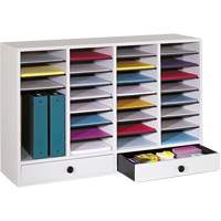 Adjustable Compartment Literature Organizer, Stationary, 34 Slots, Wood, 39-1/4" W x 11-3/4" D x 25-1/4" H Cam Industrial