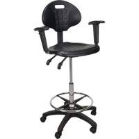 Tabouret ergonomique robuste avec accoudoirs r&eacute;glables et roulettes en nylon, Mobile, Ajustable, 39" - 48", Polyur&eacute;thane Si&egrave;ge, Noir Cam Industrial
