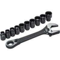 11-Piece Pass-Thru X6 Adjustable Wrench & Spline Socket Set, 13" L, 2-27/50" Max Width, Black Phosphate Cam Industrial