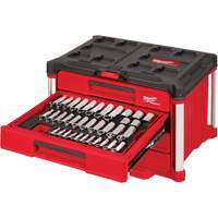 Ensemble de 242 pi&egrave;ces de douilles et cliquets m&eacute;triques et SAE 1/4", 3/8" et 1/2" avec boîte &agrave; outils PACKOUT &agrave; 4 tiroirs, 16-3/10" x 22-1/5" x 14-3/10", Noir/Rouge Cam Industrial